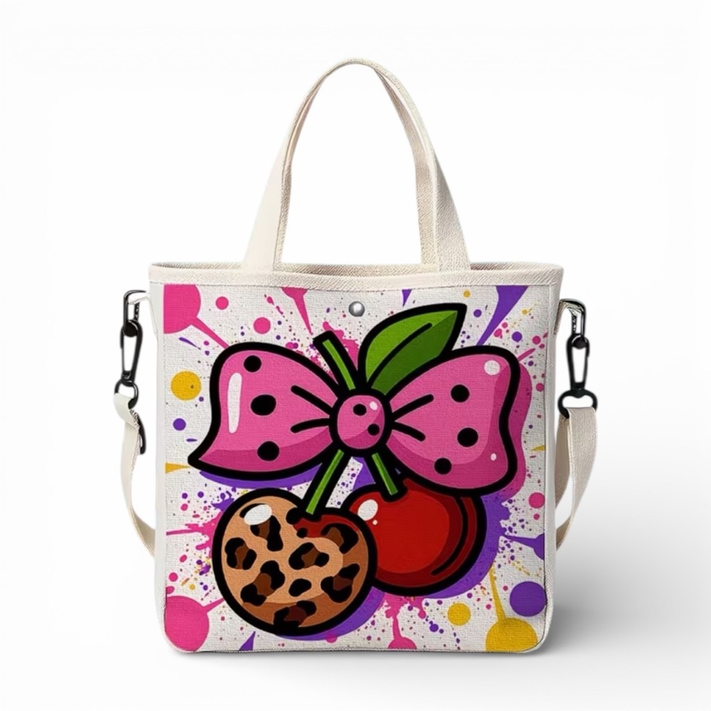 Splatter Look Colorful Tote Bag; Dotted Bow and Animal Print Cherry Design NWOT